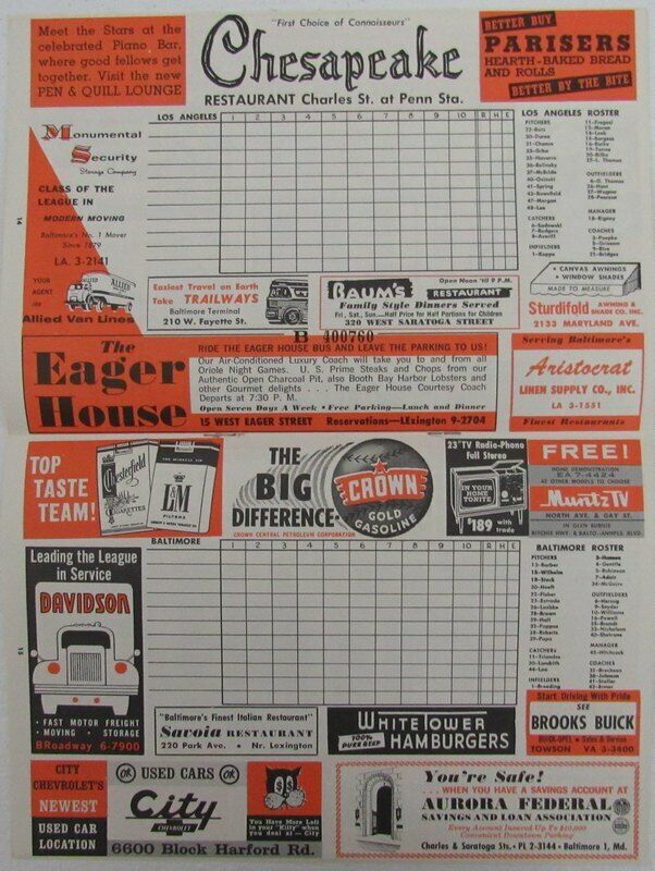 1962 Baltimore Orioles Official Score Card/Program Orioles vs. Angels 144224