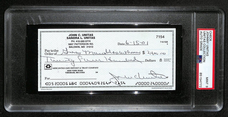 Johnny Unitas HOF Signed/Auto 2001 Bank Check Colts PSA/DNA MINT 9 192613