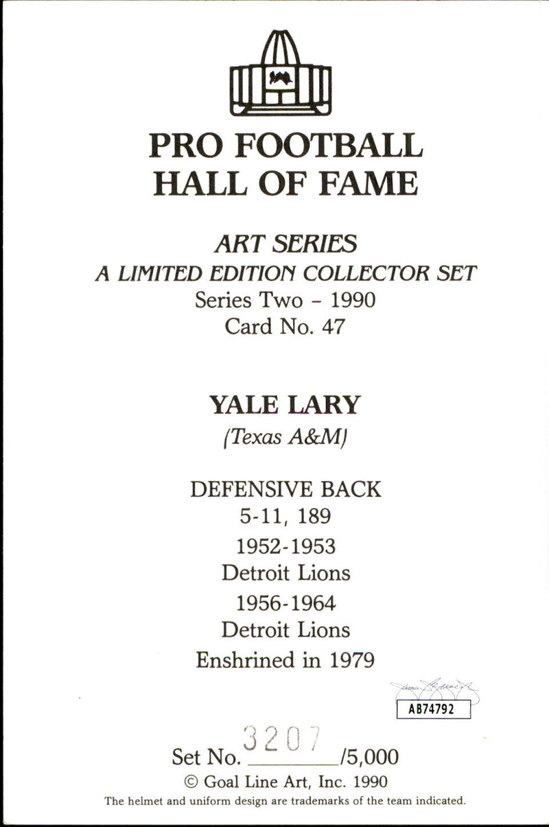 Yale Lary HOF Autographed/Inscribed Goal Line Art GLAC Postcard Lions JSA