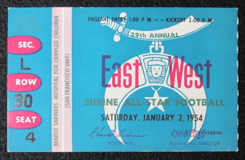 1954 East vs. West Shrine Game Ticket Stub Kezar Stadium San Francisco, CA