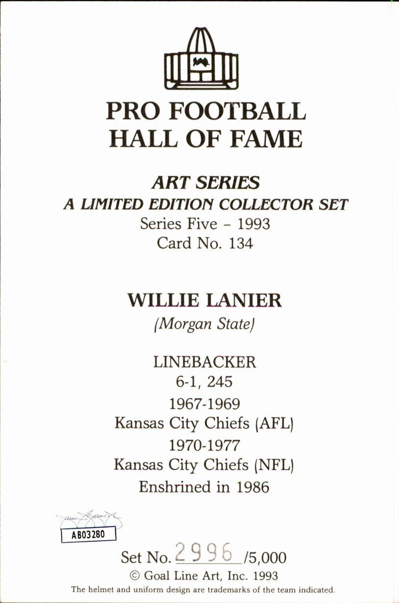 Willie Lanier HOF Chiefs Signed/Inscr Goal Line Art GLAC Postcard JSA 167170