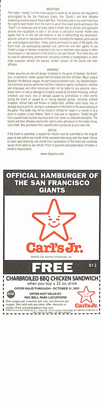 Barry Bonds First Player to 500 HR and 500 SB Full Ticket Giants 6/23/2003