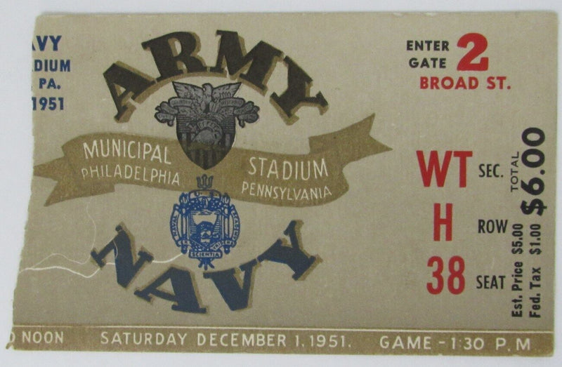 Vintage 1951 Army vs. Navy College Football Game Ticket Stub