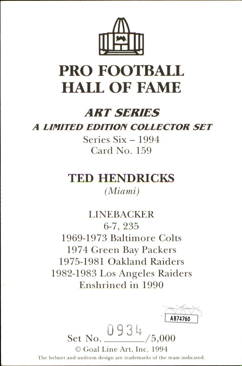 Ted Hendricks HOF Autographed/Inscribed Goal Line Art GLAC Postcard Raiders JSA
