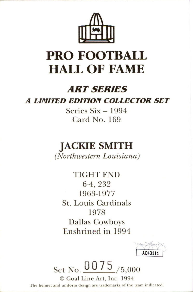 Jackie Smith HOF Autographed Goal Line Art GLAC Postcard St. Louis Cardinals JSA