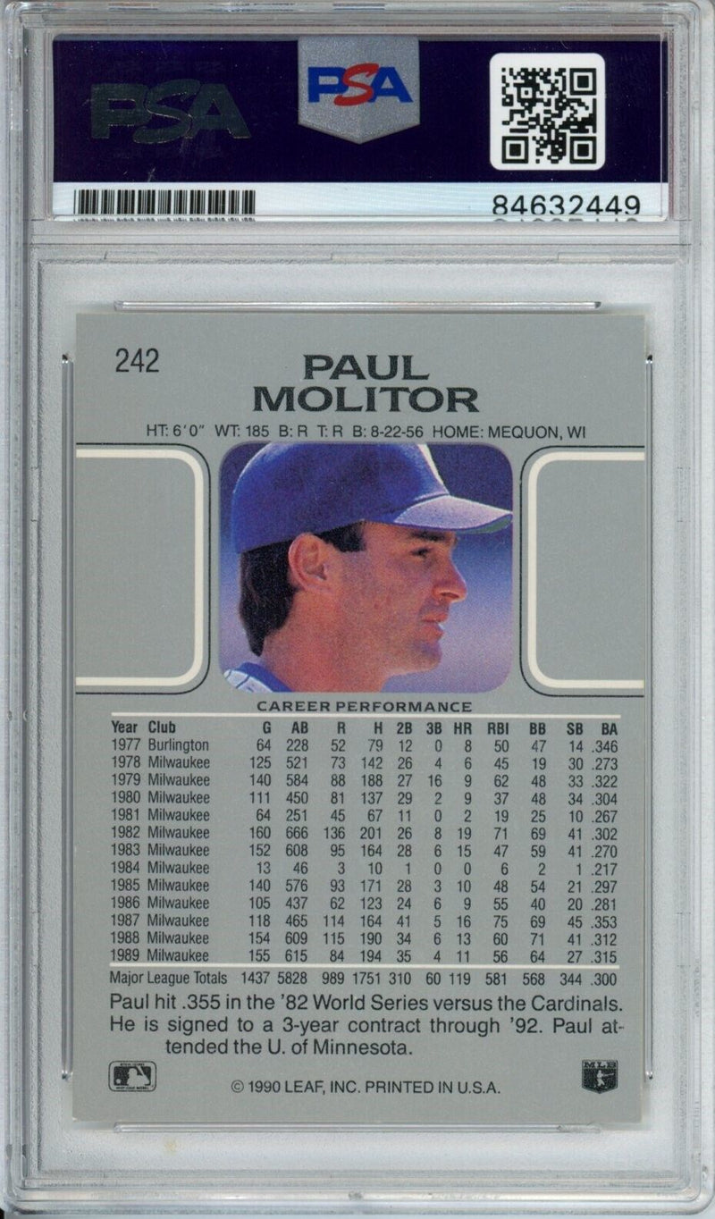 1990 Leaf Paul Molitor HOF #242 Card Signed Milwaukee Brewers PSA/DNA