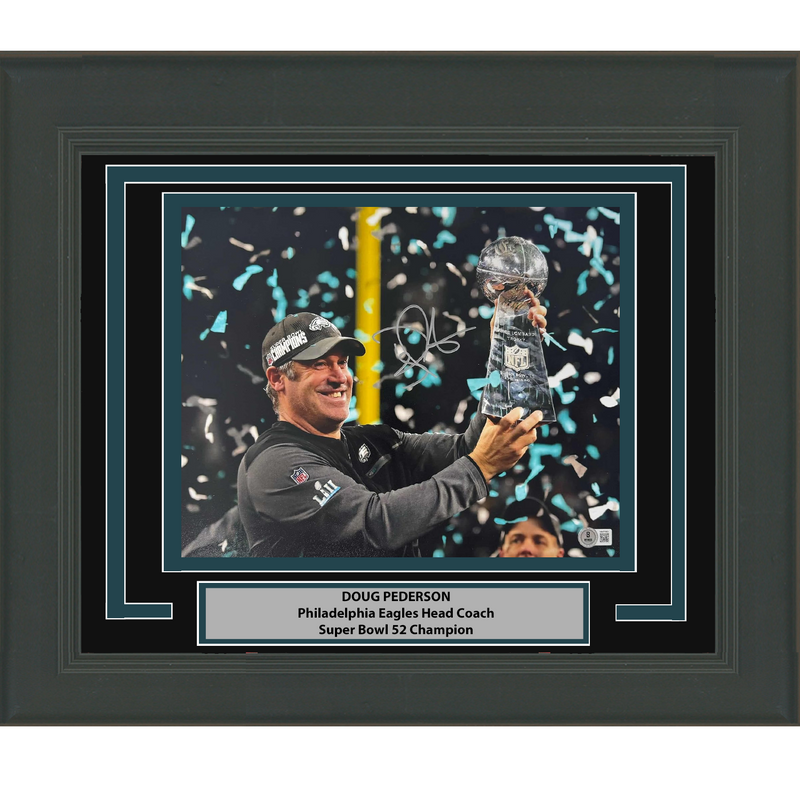 Framed Autographed/Signed Doug Pederson Philadelphia Eagles Super Bowl LII 52 Champions 8x10 Football Photo Beckett BAS COA #2