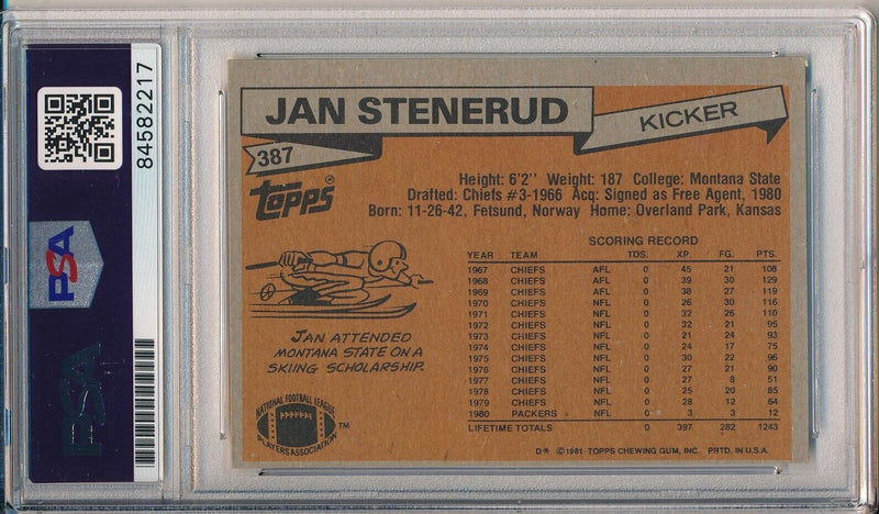 Jan Stenerud HOF Signed/Auto 1981 TOPPS Card #387 KC Chiefs PSA/DNA