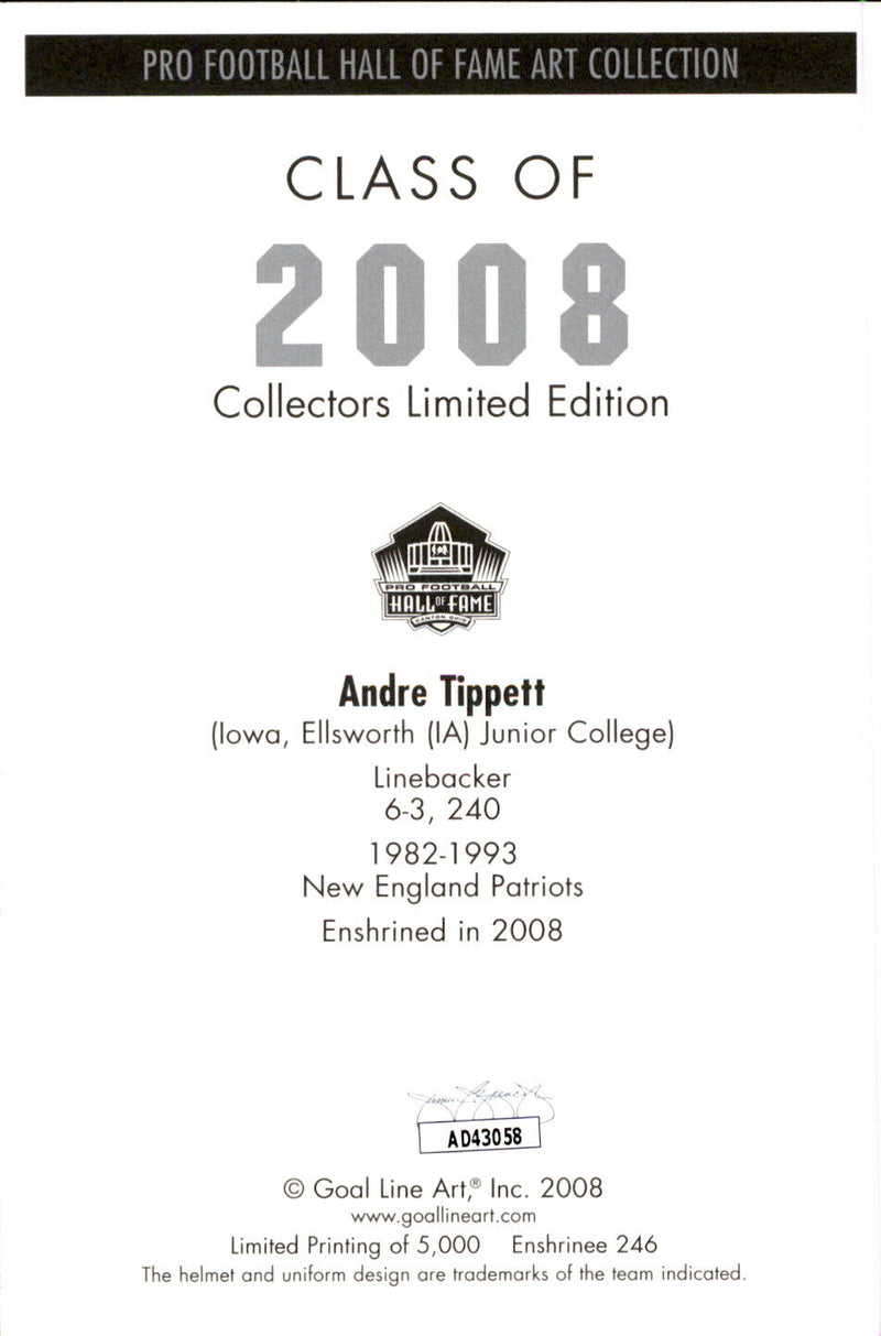 Andre Tippett HOF Autographed Goal Line Art GLAC Postcard Patriots JSA