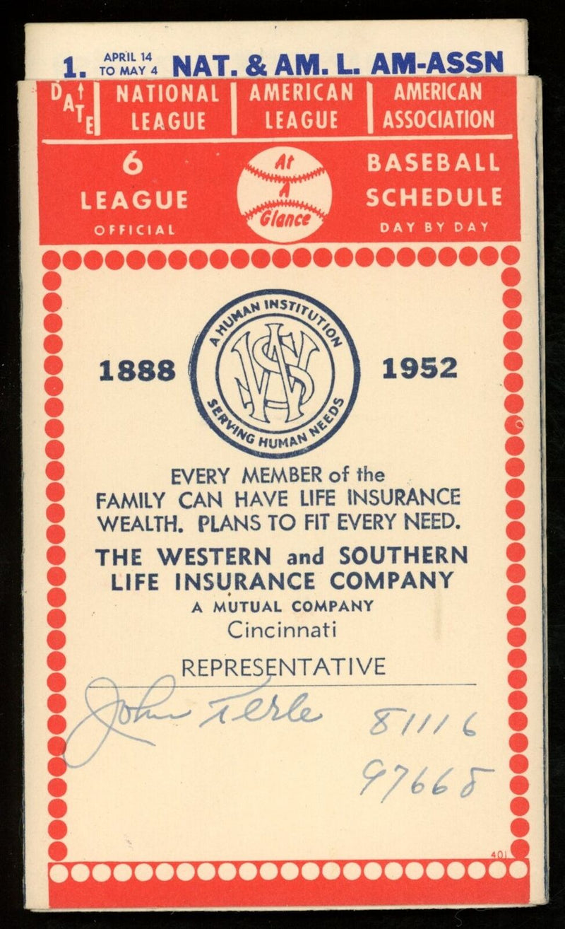 S.K.C. 1952 National/American Baseball Leagues 3x5 Slide Pocket Schedule