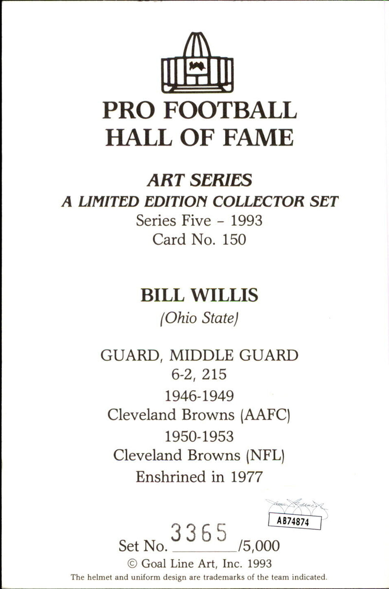 Bill Willis HOF Autographed/Inscribed Goal Line Art GLAC Postcard Browns JSA
