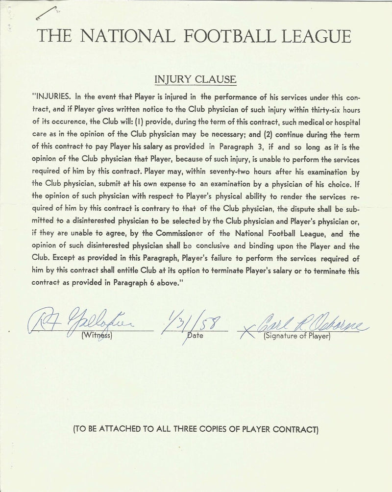 Roddy Osborne Cleveland Browns Signed/Autographed 1958 NFL Injury Clause 150386