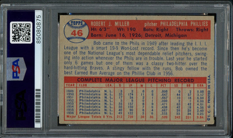 1957 TOPPS Bob Miller #46 Auth Card Signed Philadelphia Phillies PSA/DNA 184113