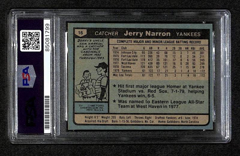 Jerry Narron Signed 1980 Topps Card #16 New York Yankees PSA/DNA 184570
