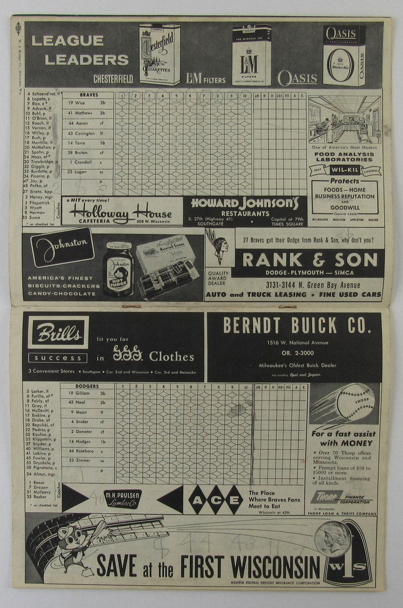 1959 Milwaukee Braves vs. Dodgers Unscored Official Scorecard Aaron 8/17/59