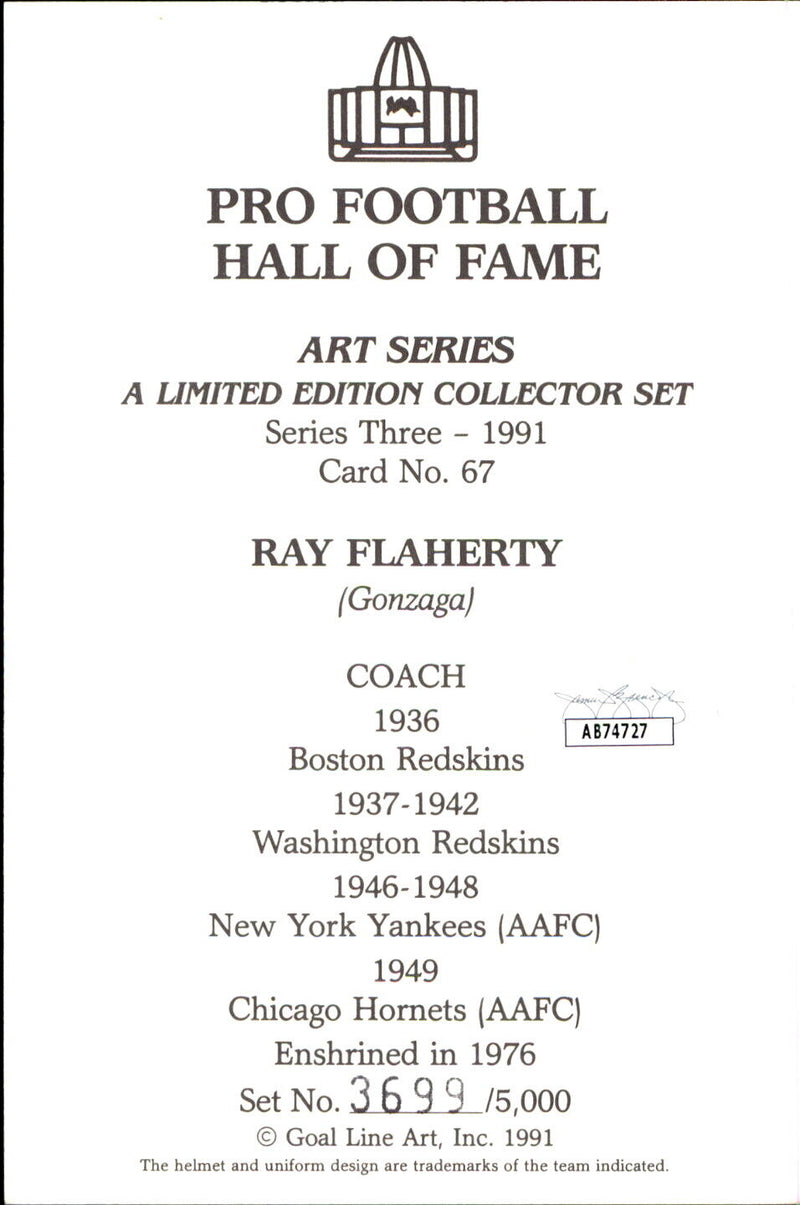 Ray Flaherty HOF Autographed Goal Line Art GLAC Postcard Redskins JSA