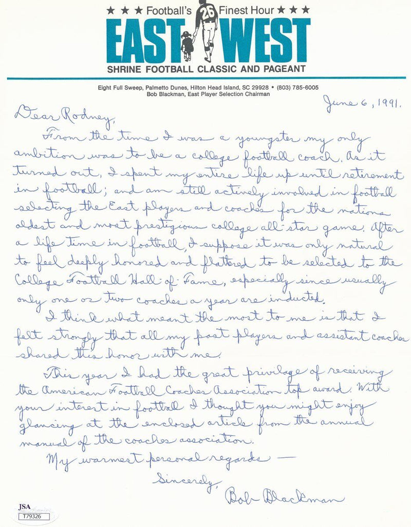 Bob Blackman USC/Dartmouth FB Coach CFHOF Signed Handwritten Letter JSA 137178
