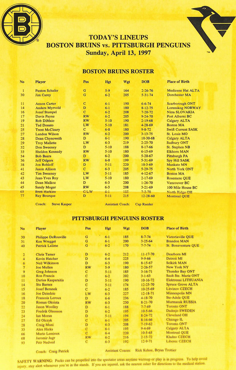April 13 1997  Boston Bruins vs Pittsburgh Penguins Offical  Game Program 182020