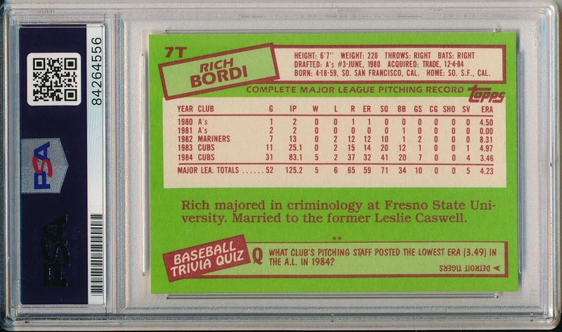 Rich Bordi Yankees Signed/Auto 1985 TOPPS Traded Card #7T PSA/DNA 156601