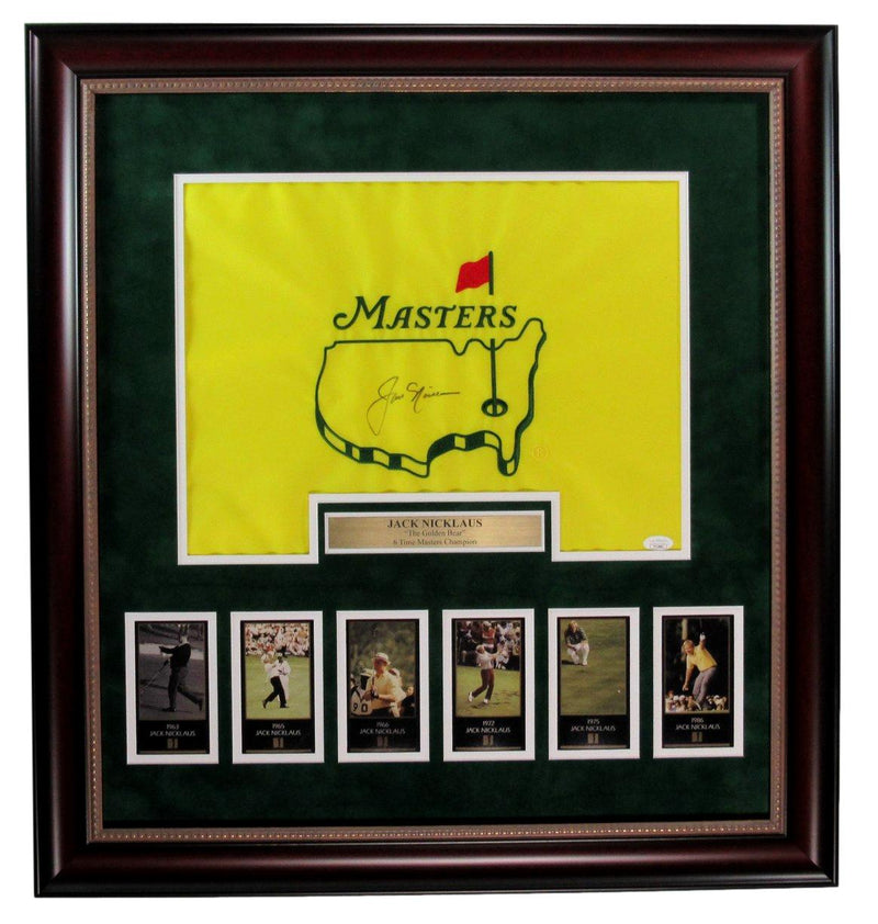 Jack Nicklaus Signed/Auto Masters Pin Flag w/ Card Collage Framed JSA 191606