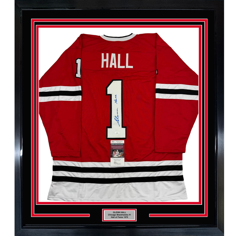 Framed Autographed/Signed Glenn Hall 35x39 Chicago Red Hockey Jersey JSA COA