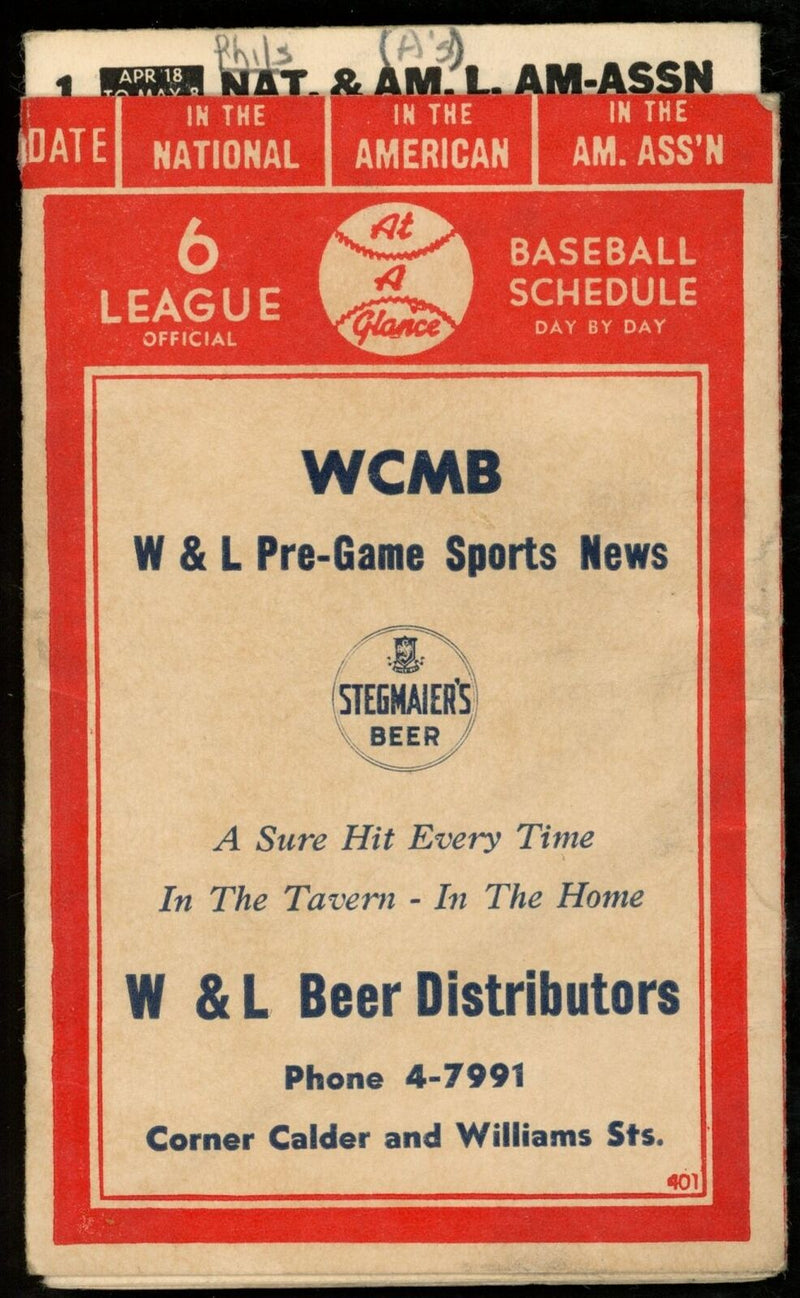 S.K.C. 1949 Six Baseball Leagues 3x5 Slide Pocket Schedule