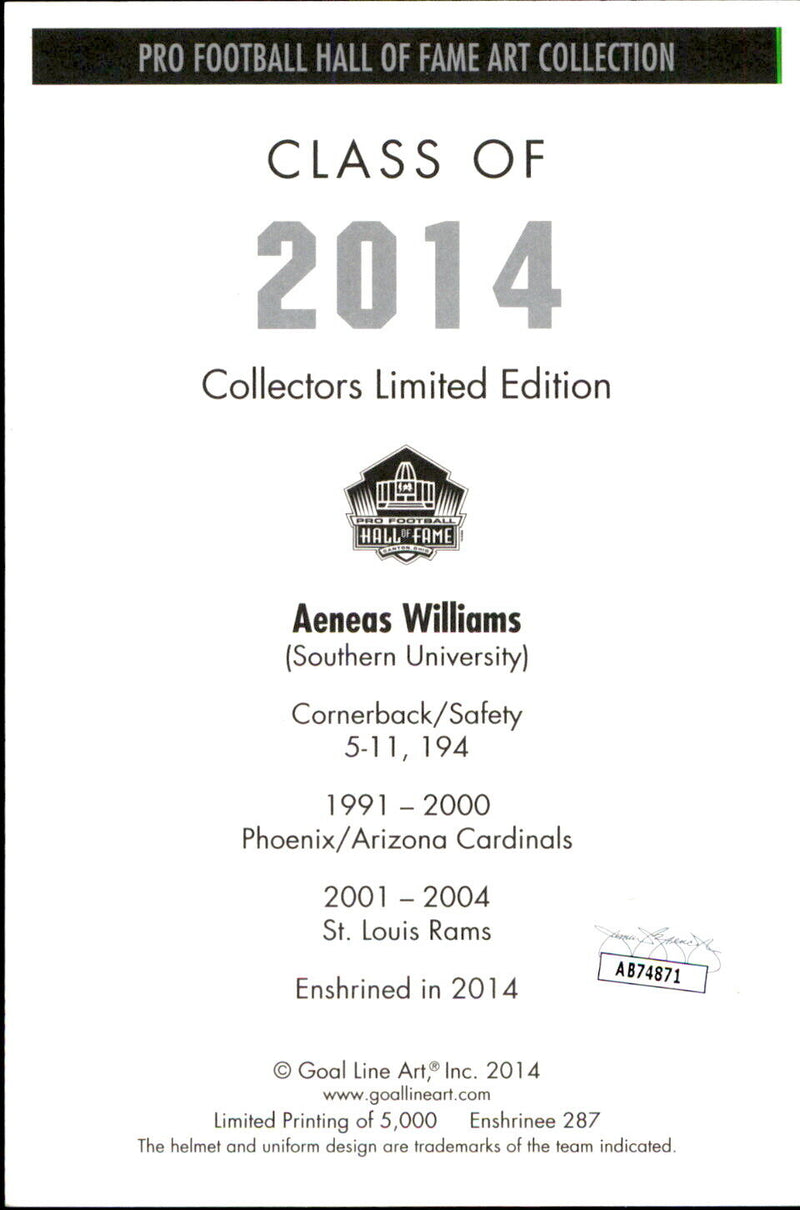 Aeneas Williams HOF Autographed/Inscr Goal Line Art GLAC Postcard Cardinals JSA