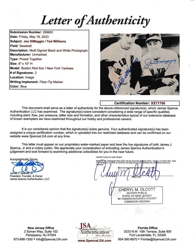 Ted Williams/Joe DiMaggio Dual-Autographed 8x10 Photo JSA 179934