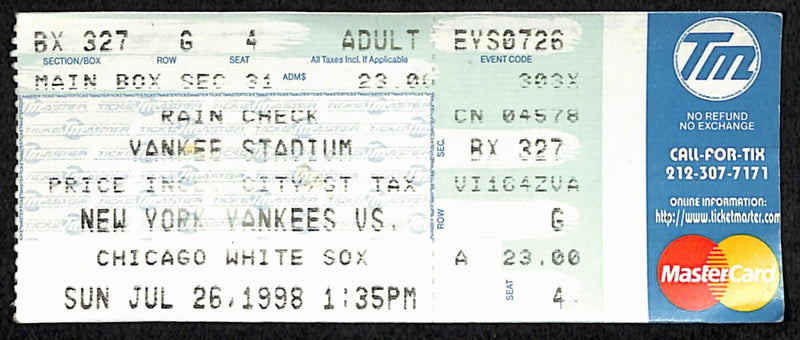 July 26, 1998 Chicago White Sox vs. New York Yankees Ticket Stub 189895