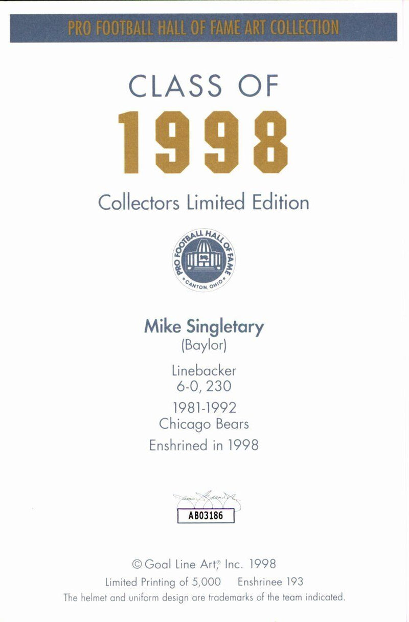 Mike Singletary HOF Bears Signed/Inscr Goal Line Art GLAC Postcard JSA 167073