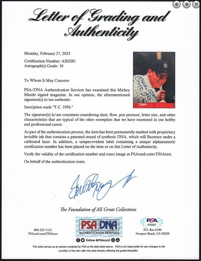 1956 Mickey Mantle Signed/Inscr "T.C. 1956" Life Magazine (PSA 10 Auto) 179919