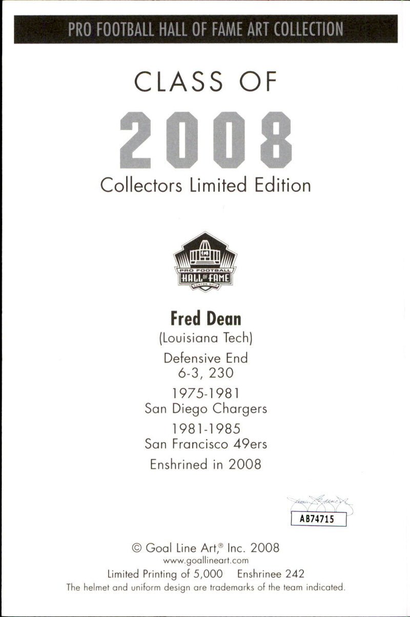 Fred Dean HOF Autographed/Inscribed Goal Line Art GLAC Postcard 49ers JSA