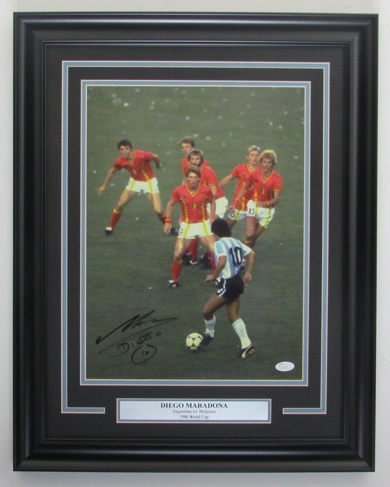 Diego Maradona Autographed 11x14 Photo - Argentina vs Belgium Framed JSA 135906