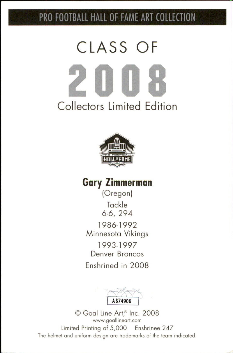 Gary Zimmerman HOF Autographed/Inscribed Goal Line Art GLAC Postcard Broncos JSA