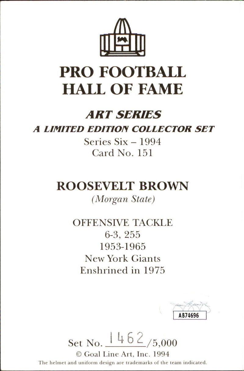 Roosevelt Brown HOF Autographed Goal Line Art GLAC Postcard New York Giants JSA