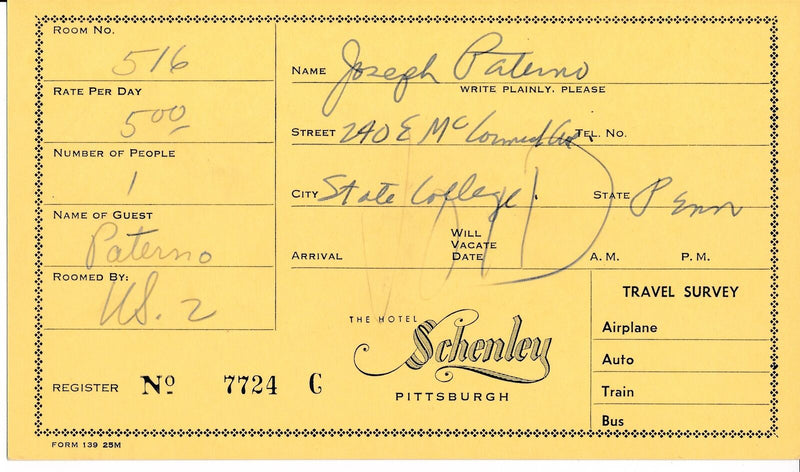 Joe Paterno 1950's Penn State Signed Hotel Schenley Register Card PSA/DNA 163691