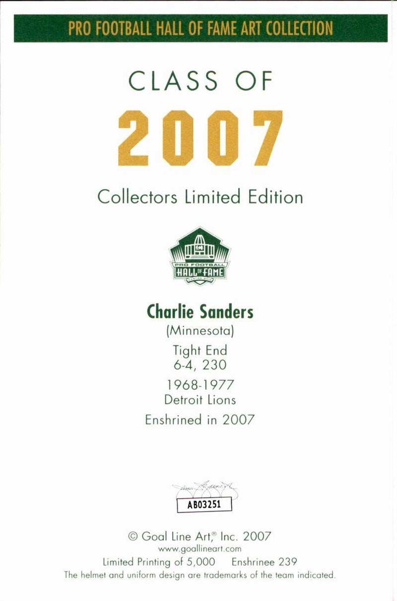 Charlie Sanders HOF Lions Signed/Inscr Goal Line Art GLAC Postcard JSA 167139