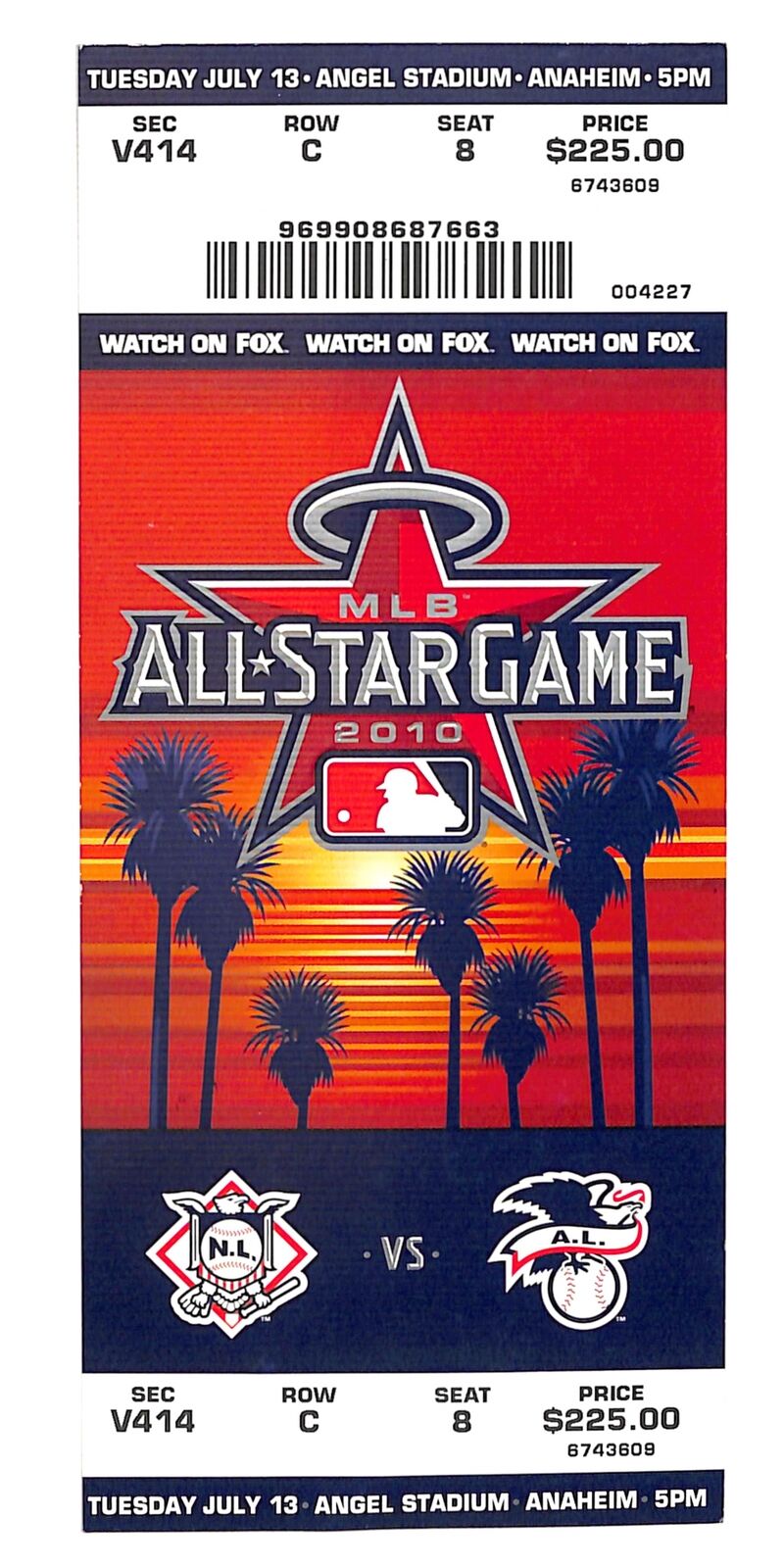 2010 MLB All-Star Game Full Ticket Angel Stadium, Anaheim, CA 181215