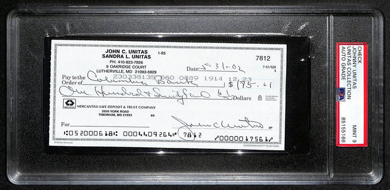 Johnny Unitas Signed 10/31/02 Check PSA/DNA MINT 9 188660
