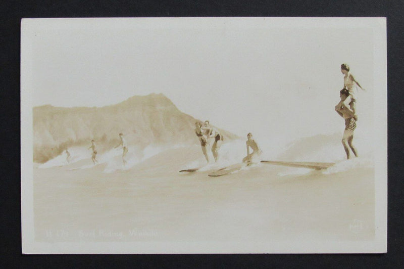 Vintage Surfing  Waikiki Theme B/W Photo Postcard