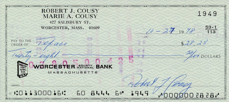 Bob Cousy HOF Boston Celtics Signed/Autographed 1978 Bank Check JSA 165563