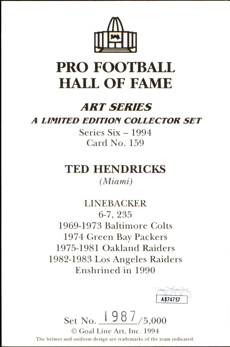Ted Hendricks HOF Autographed/Inscribed Goal Line Art GLAC Postcard Raiders JSA