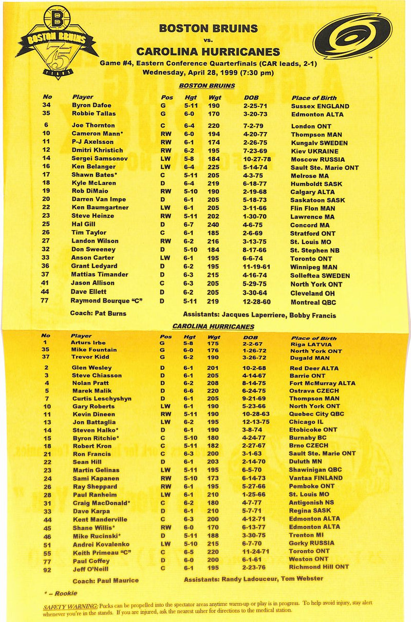 April 28, 1999 Boston Bruins vs. Carolina Hurricanes Playoff Game Program 181784