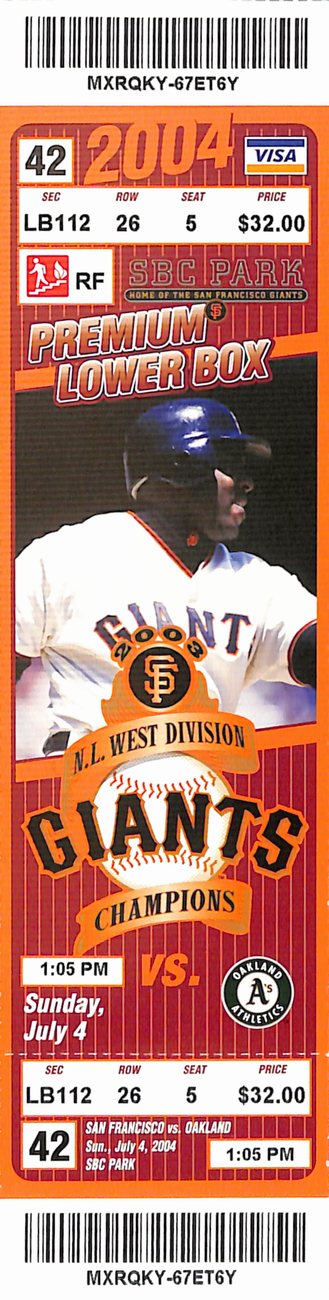 Barry Bonds Becomes All Time Walks Leader Full Ticket Giants 7/4/2004