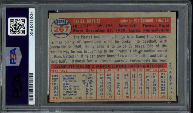 Danny Kravitz Signed 1957 Topps Trading Card #267 Pirates PSA/DNA 183584