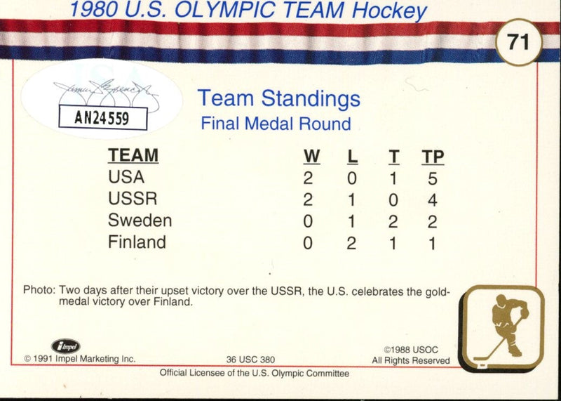 Mike Eruzione Signed 1991 Impel #71 1980 U.S. Olympic Hockey Team JSA 188320