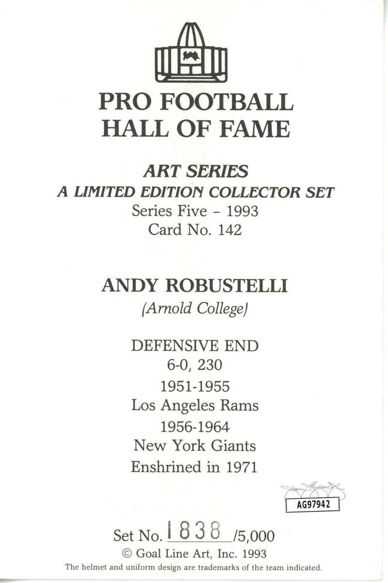 Andy Robustelli HOF Autographed Goal Line Art GLAC Postcard Giants JSA