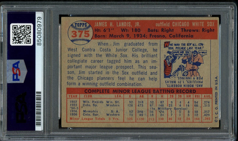 1957 TOPPS Jim Landis #375 Auth Card Signed Chicago White Sox PSA/DNA 184088
