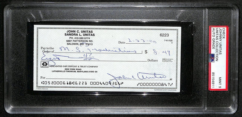 Johnny Unitas HOF Signed/Autographed 2000 Bank Check Colts PSA/DNA MINT 9 189576
