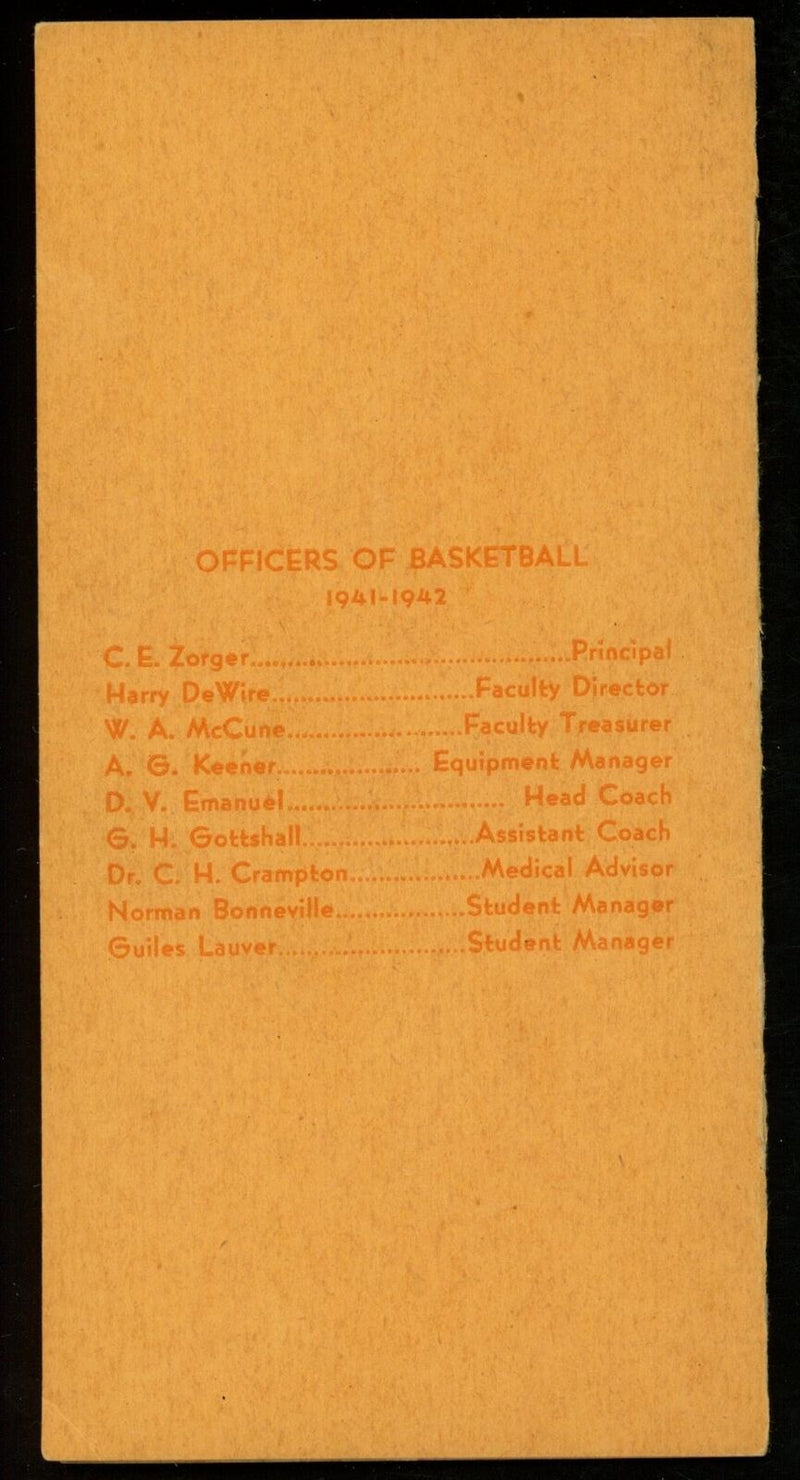 1941-42 William Penn High School Basketball 3x5 Pocket Schedule Harrisburg, PA